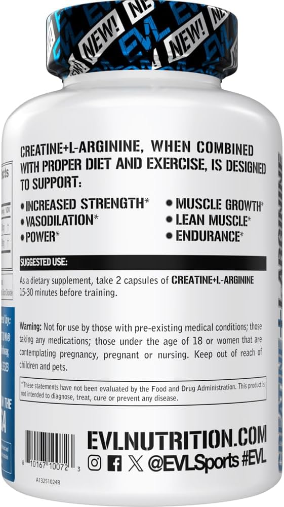 Evlution Nutrition Creatina + L-Arginina, Apoyo Muscular, 60Caps