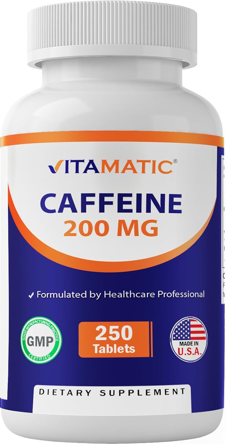 Píldoras de Cafeína Vitamatic 200mg, 250 Tabletas Vegetarianas