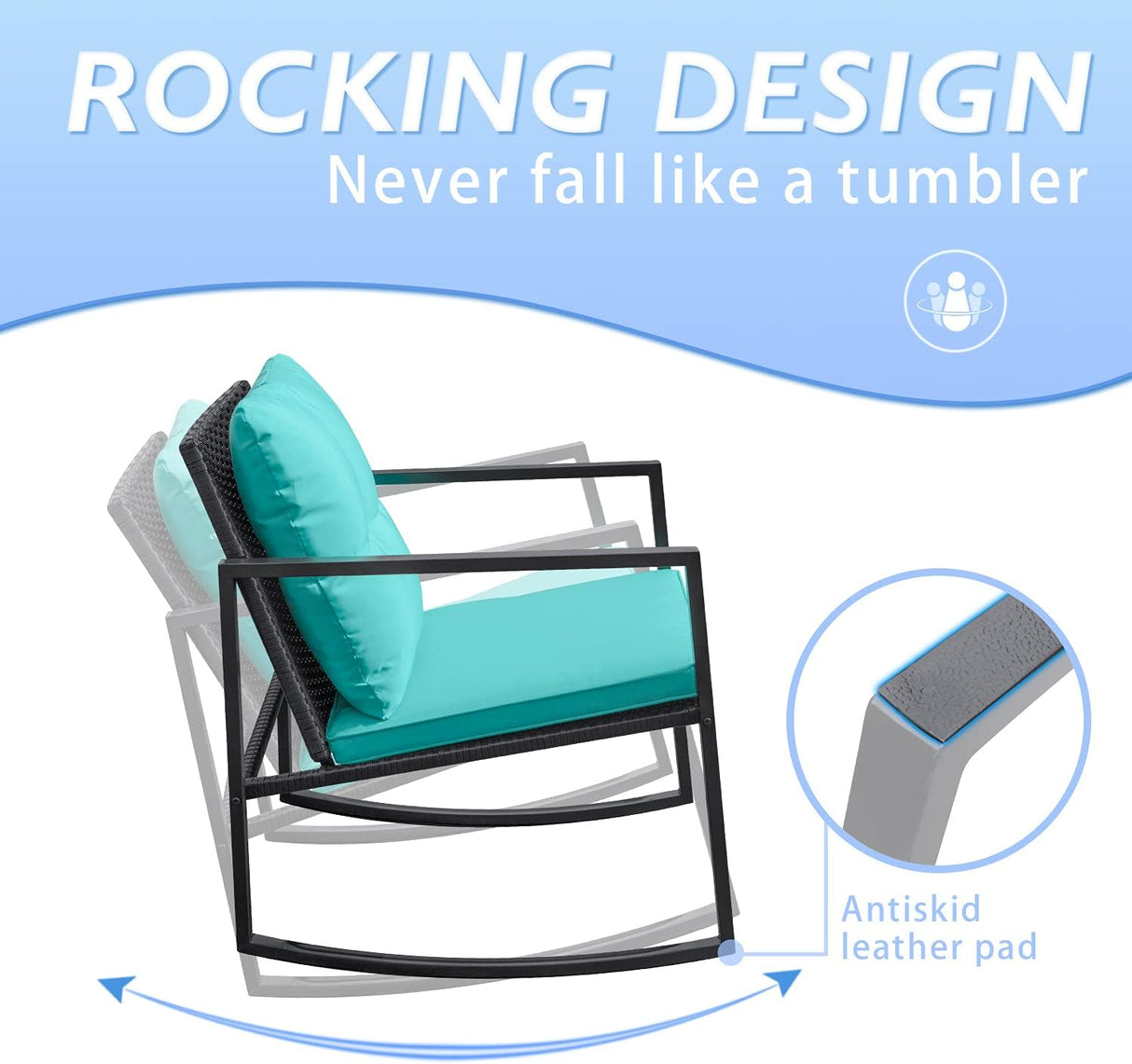 Greesum Juego de 3 piezas de mimbre mecedor, juegos de conversación de muebles de patio al aire libre con sillas de porche y mesa de café de cristal, azul