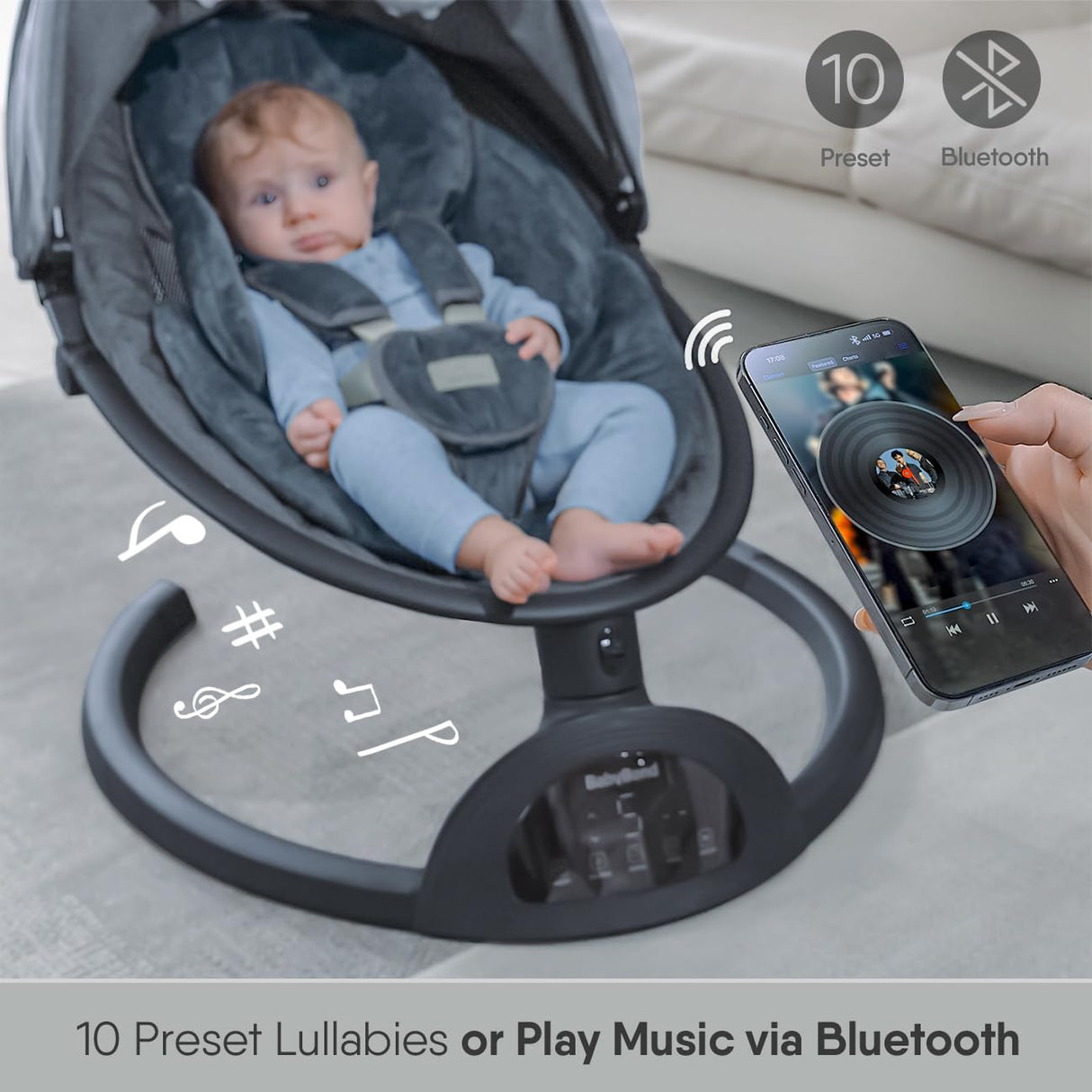 BabyBond Columpios de bebé para bebés, columpio infantil Bluetooth con altavoz de música con 3 posiciones de asiento, cinturón de arnés de 5 puntos, 5 velocidades y control remoto, columpio portátil