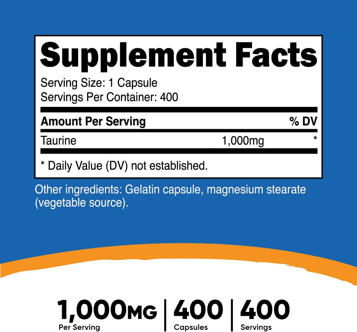 Suplementos Taurina 1000 mg, 400 cápsulas