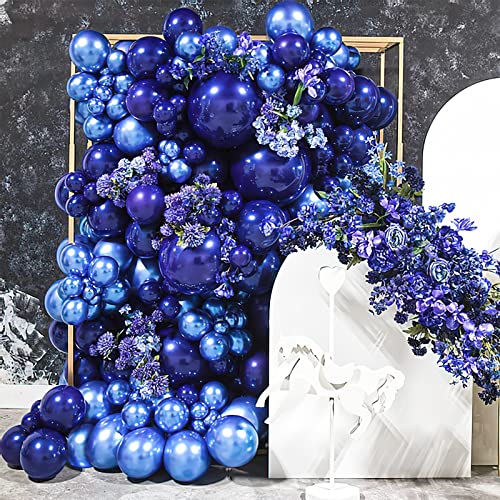 PartyWoo Globos azules, 100 unidades de globos metálicos azules con arco de guirnalda de globos de látex de 18 pulgadas, 12 pulgadas, 10 pulgadas, 5 pulgadas y cinta de 65.6 ft para bautizos, baby shower, decoraciones de cumpleaños