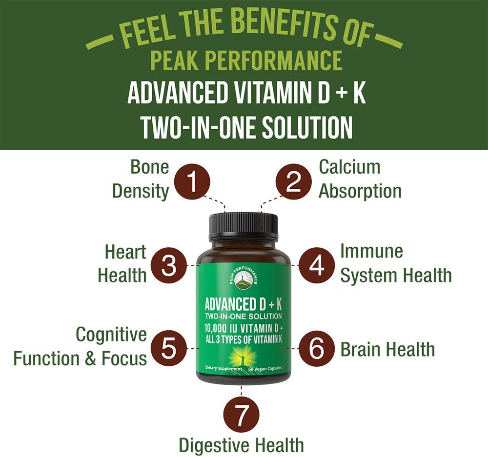 Suplemento de Vitamina D y K Peak Performance 10,000 IU 60 cápsulas