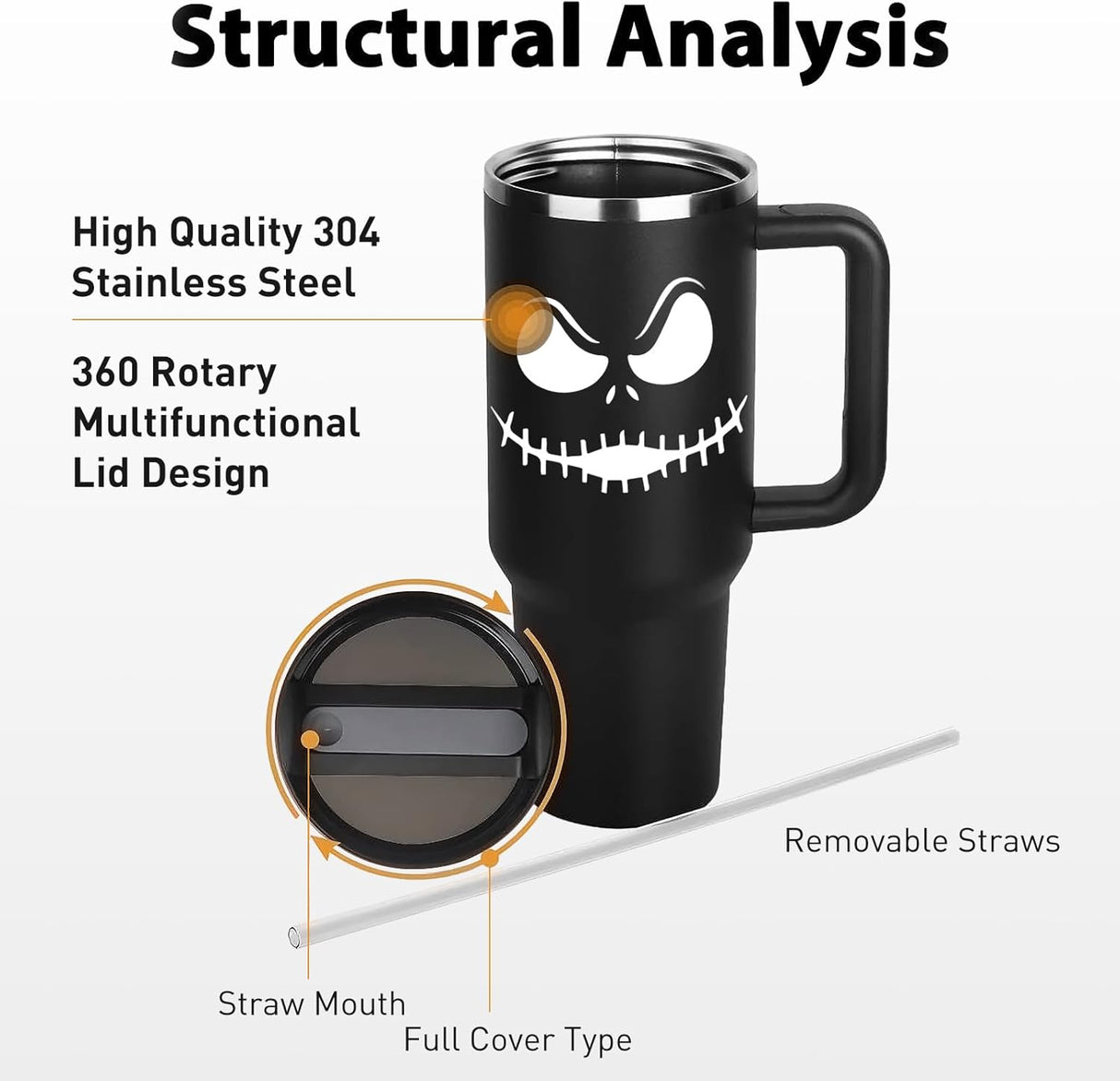 Taza de Acero Inoxidable Jack Skellington 40OZ con Asa y Popote