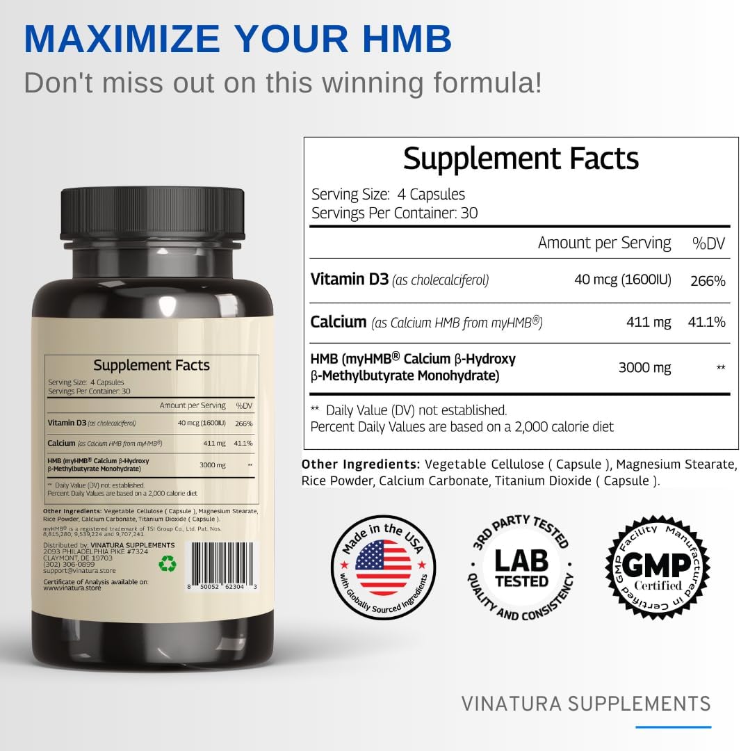 Suplemento HMB 3000mg y Vitamina D3 - 120 Cápsulas USA