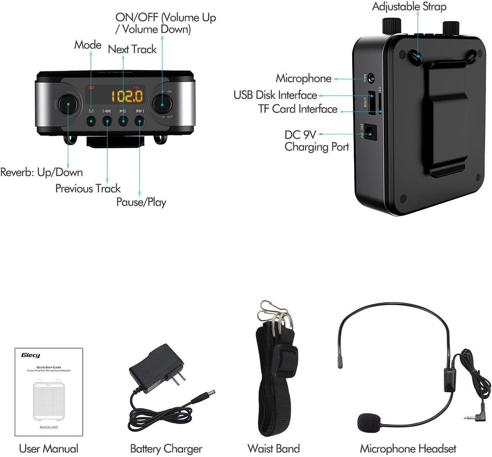 Amplificador de Voz Portátil 30W, Bluetooth, 2800mAh, Micrófono