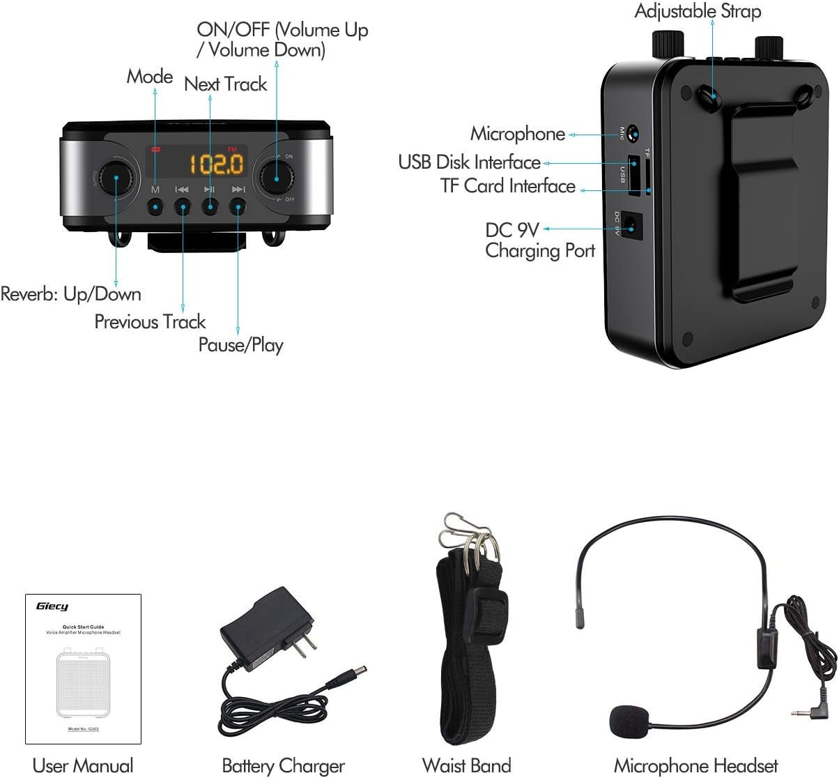 Amplificador de Voz Portátil 30W, Bluetooth, 2800mAh, Micrófono
