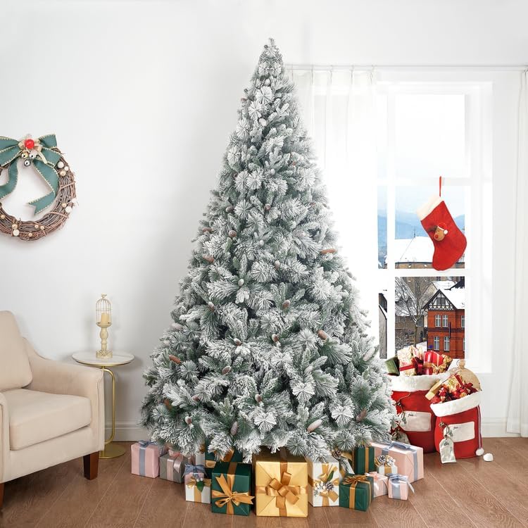 Árbol de Navidad nevado de 7.5ft con luces y piñas, modelo 1556
