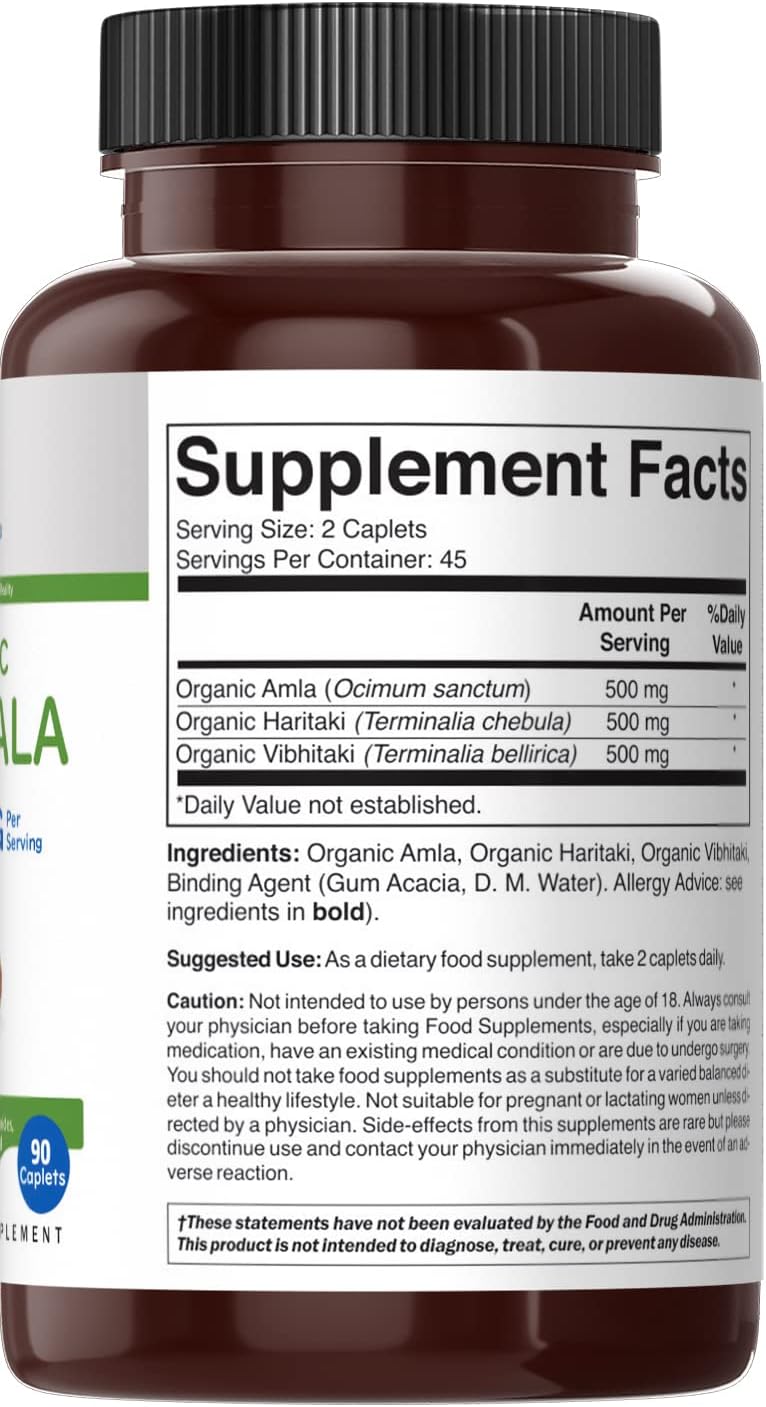 Suplemento Triphala Orgánica 1500mg 45 Porciones Sin Gluten