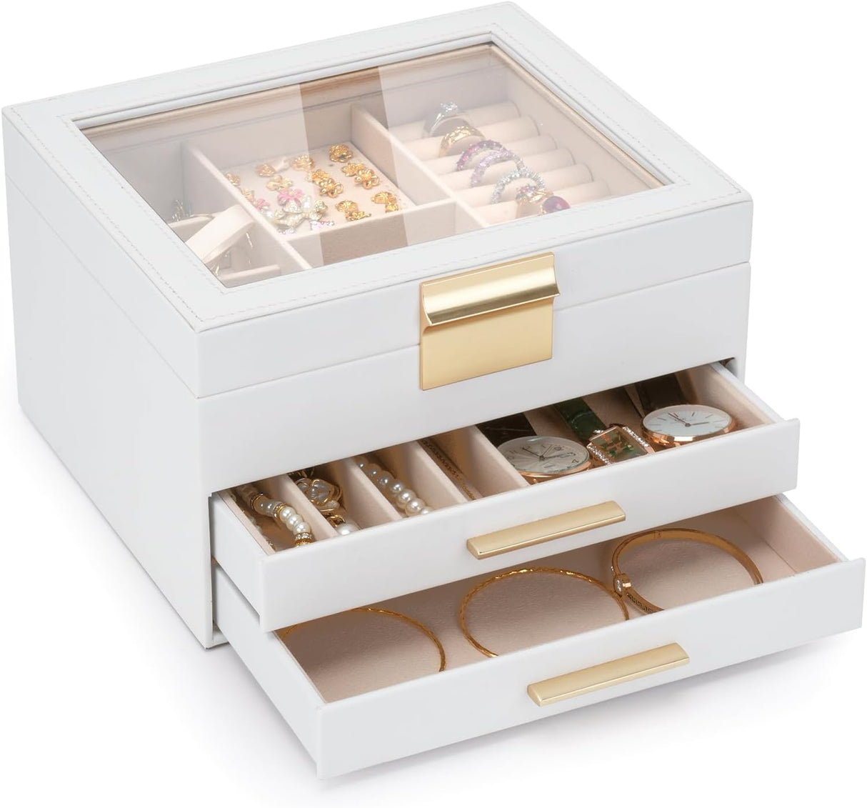 Caja de joyas 3 capas, organizador con tapa de vidrio, modelo X.