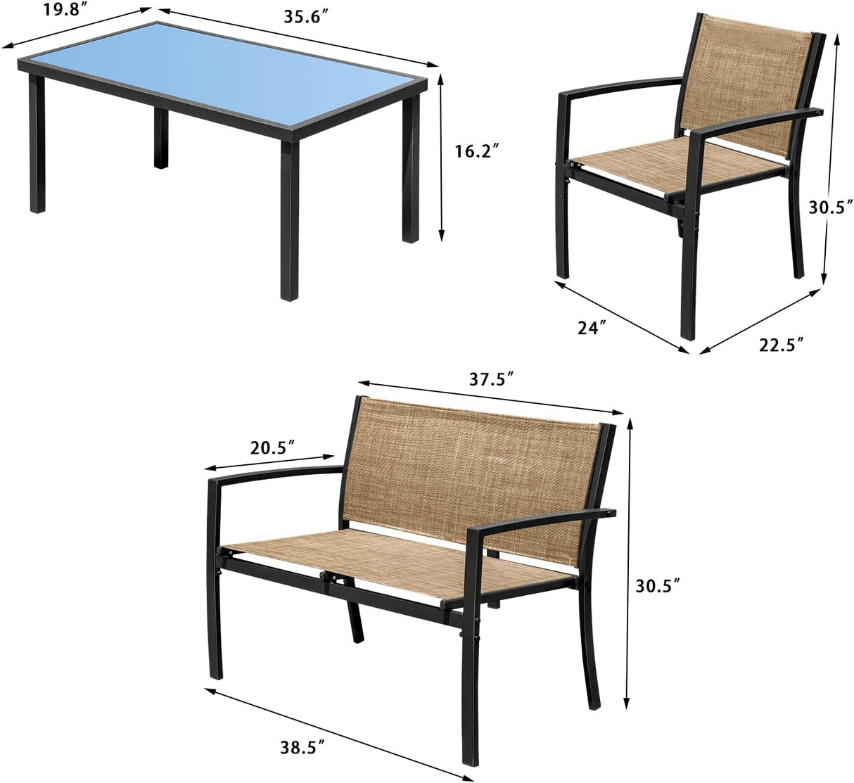 Devoko - Juego de 4 piezas de muebles de patio para el aire libre, para jardín, sillones y mesa de café de cristal para patio o terraza