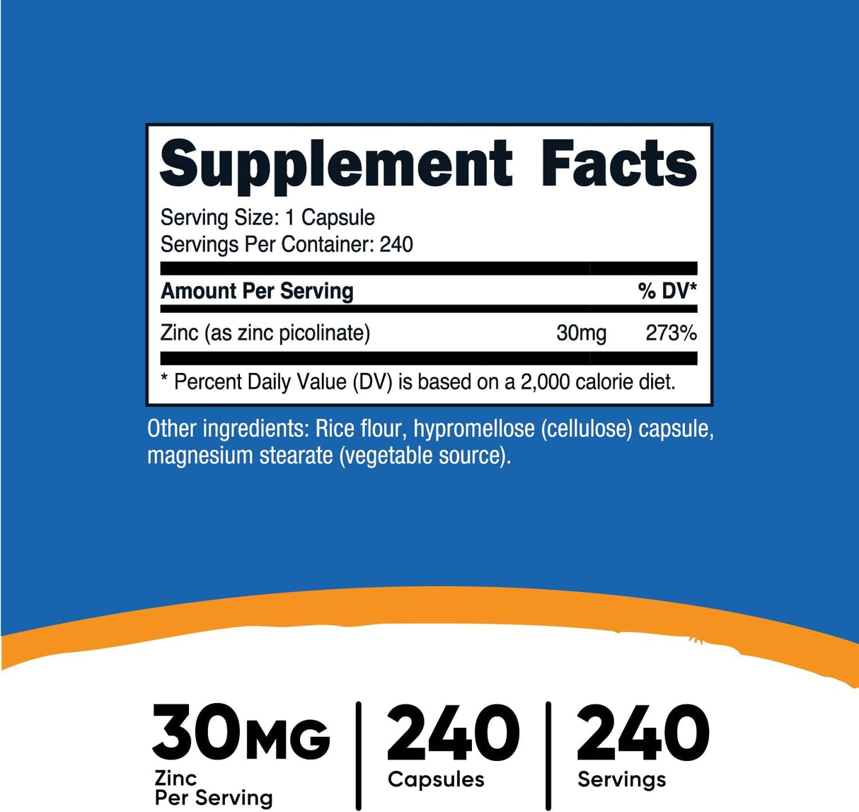 Zinc Picolinate Nutricost 30mg 240 Cápsulas Sin Gluten