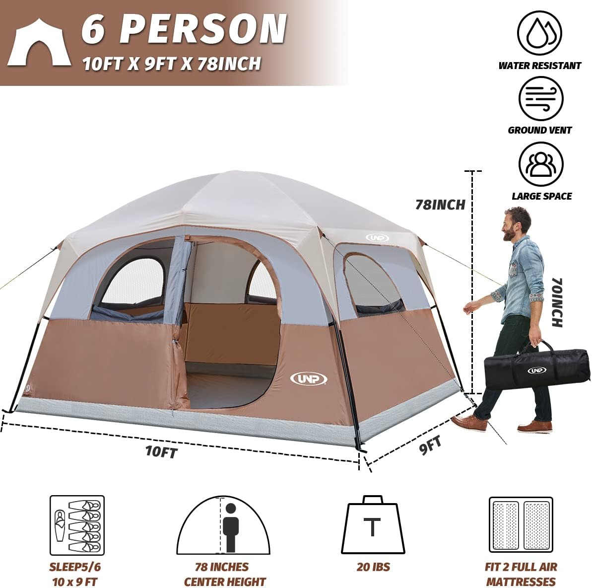 Tienda UNP: Carpa familiar 6 personas, impermeable y fácil montaje