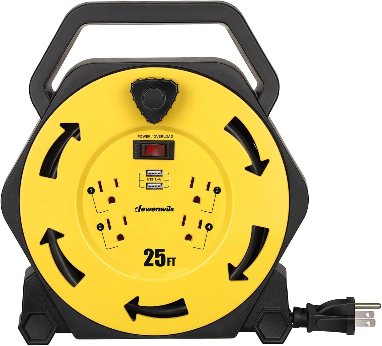 Enrollador de cable con 4 tomas de corriente, 2 puertos USB