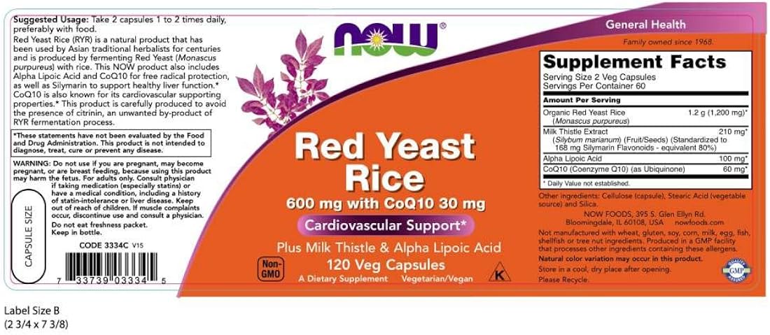 Suplementos NOW arroz de levadura roja con CoQ10 120 cápsul