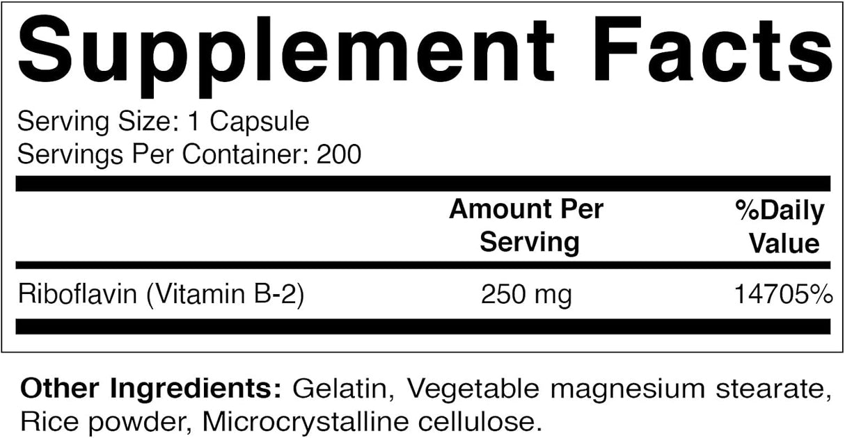 Suplemento Vitamina B2 (riboflavina) 250 mg 200 cápsulas