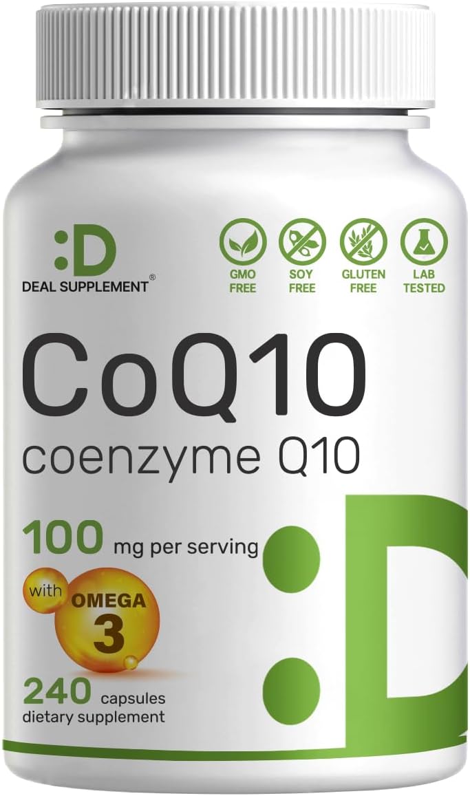 Suplemento CoQ10 100mg, Omega 3, Antioxidante, 240 cápsulas