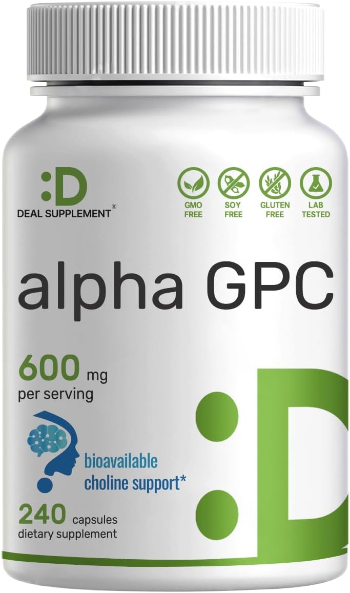 Suplemento Alpha GPC 600mg, Salud Cerebral, Sin OGM, Sin Gluten
