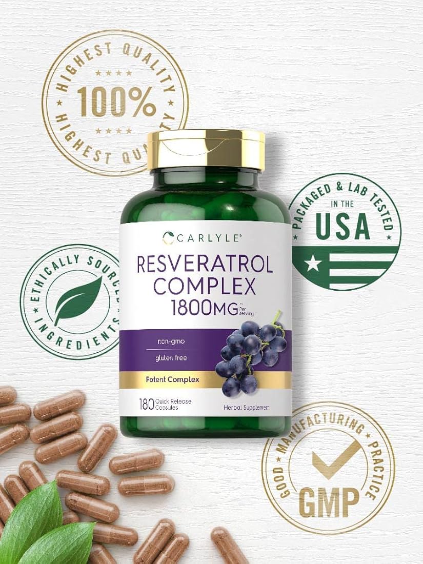 Suplemento Carlyle de resveratrol 1800 mg 180 cápsulas
