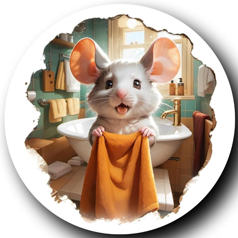 Sticker 3D Ratón en Baño, Pack de 2, Tamaño 4 pulgadas