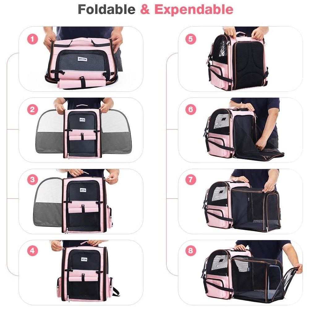 Mochila grande para gatos expandible y plegable rosada
