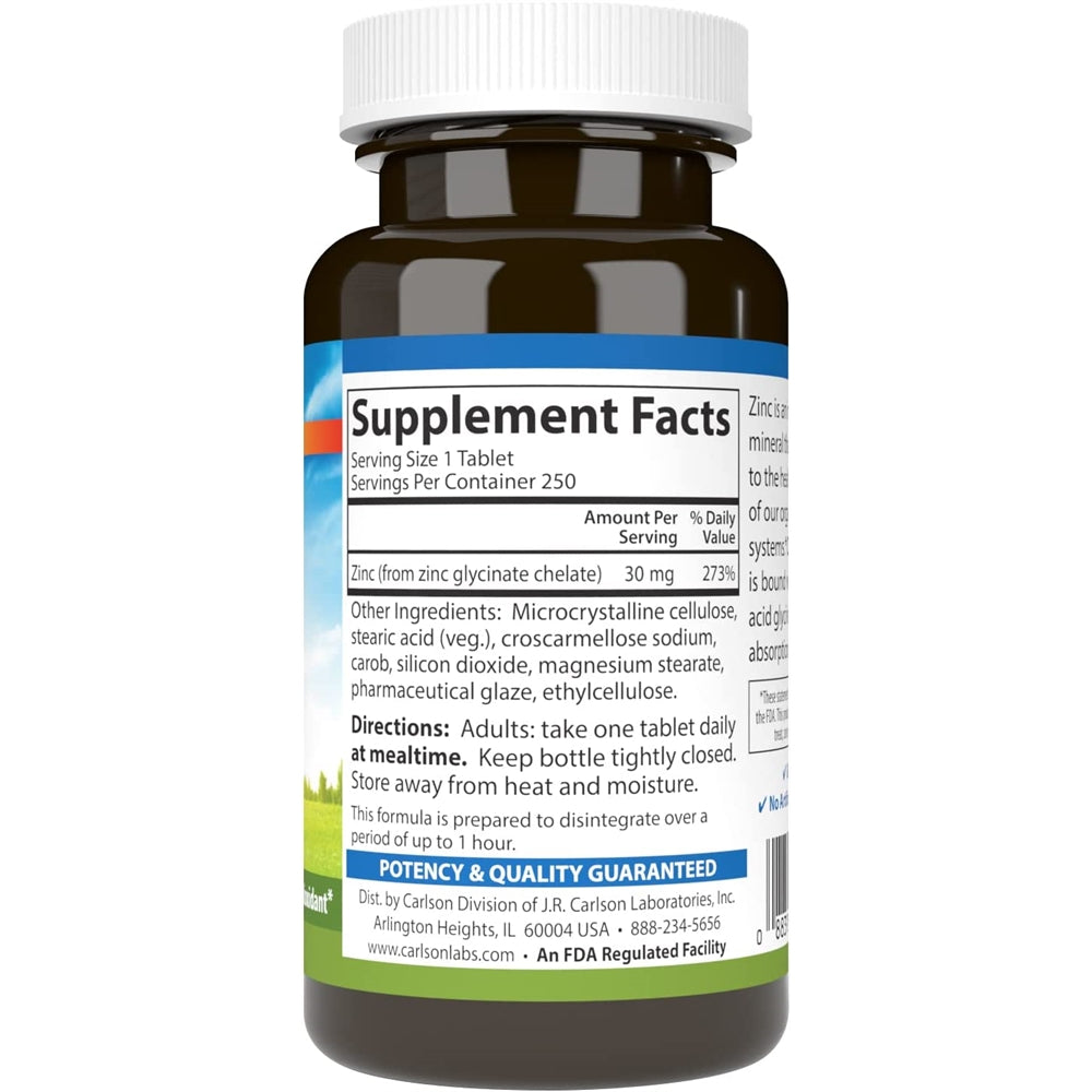 Suplemento Zinc quelado 30 mg antioxidante 250 tabletas