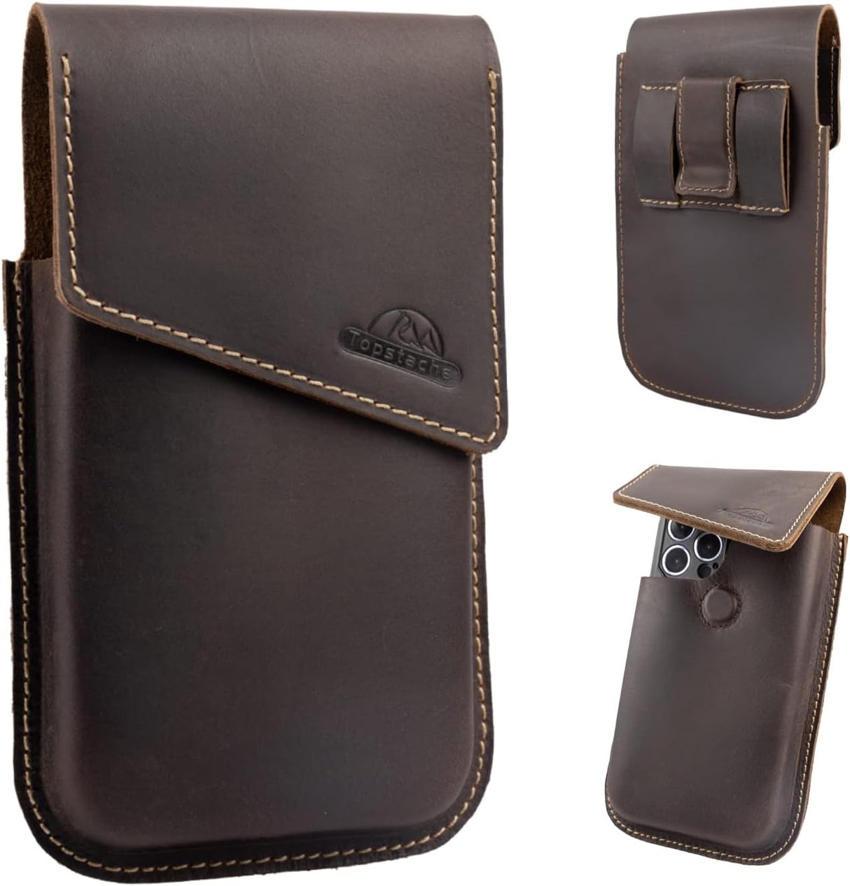 Topstache Funda de cuero para teléfono, Samsung S22 Ultra, funda para iPhone 13 Pro Max para cinturón, bolsa universal para teléfono con clip para cinturón, funda de cuero para Otterbox, fundas abatibles para teléfono celular