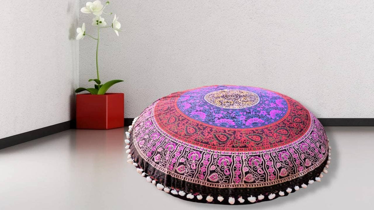 Funda bohemia para cojín, de 32 pulgadas, con diseño de mandala, para meditación, decorativa, otomana, grande, para exteriores, decoración del hogar, decoración de arte en el hogar, redonda, con pompones de algodón, cómoda