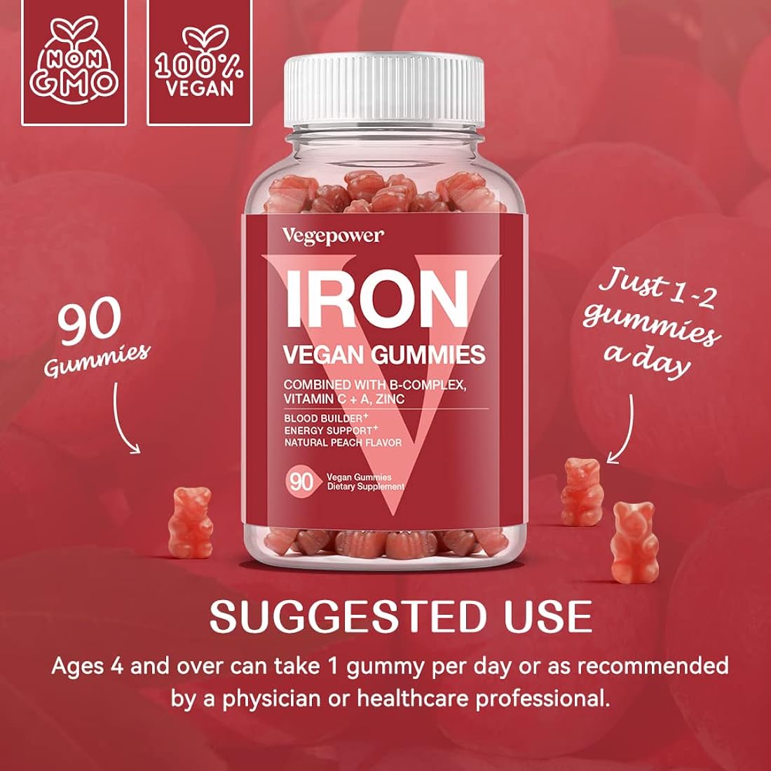 Suplemento de gomitas de hierro veganas, con vitamina C, A