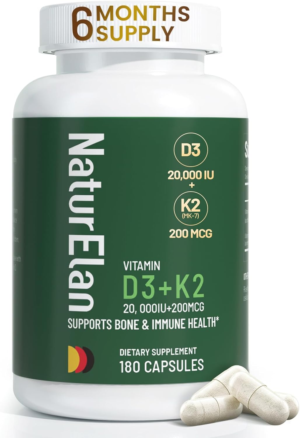 Suplemento Vitamina D3 K2 200mcg 180caps, Vegano, Sin GMO