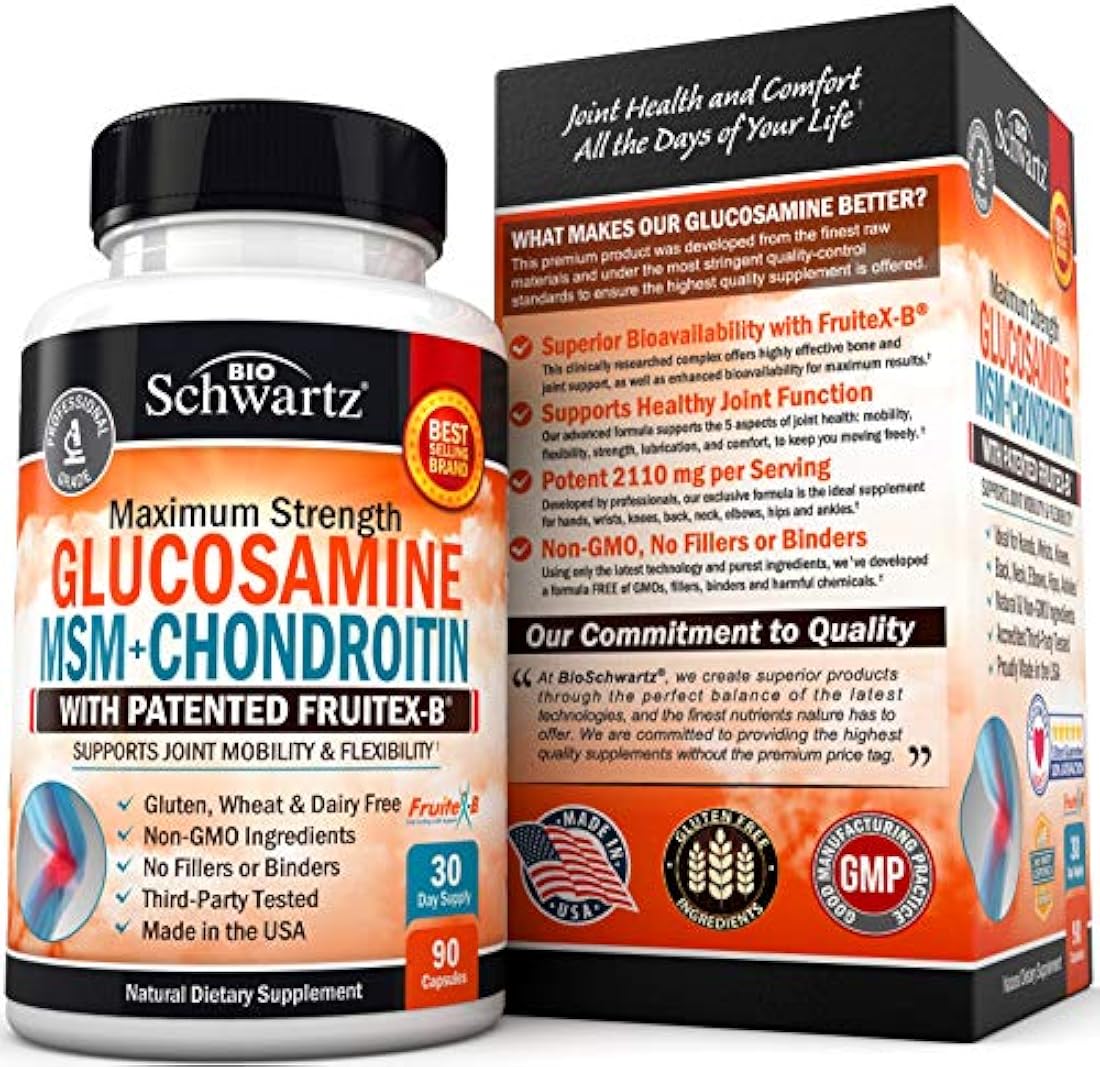 Glucosamina condroitina MSM cúrcuma para alivio del dolor de cadera, articulación y espalda. Suplemento antiinflamatorio con ácido hialurónico, colágeno, boswellia, bromelina y fruitex-B. Sin gluten ni OMG.