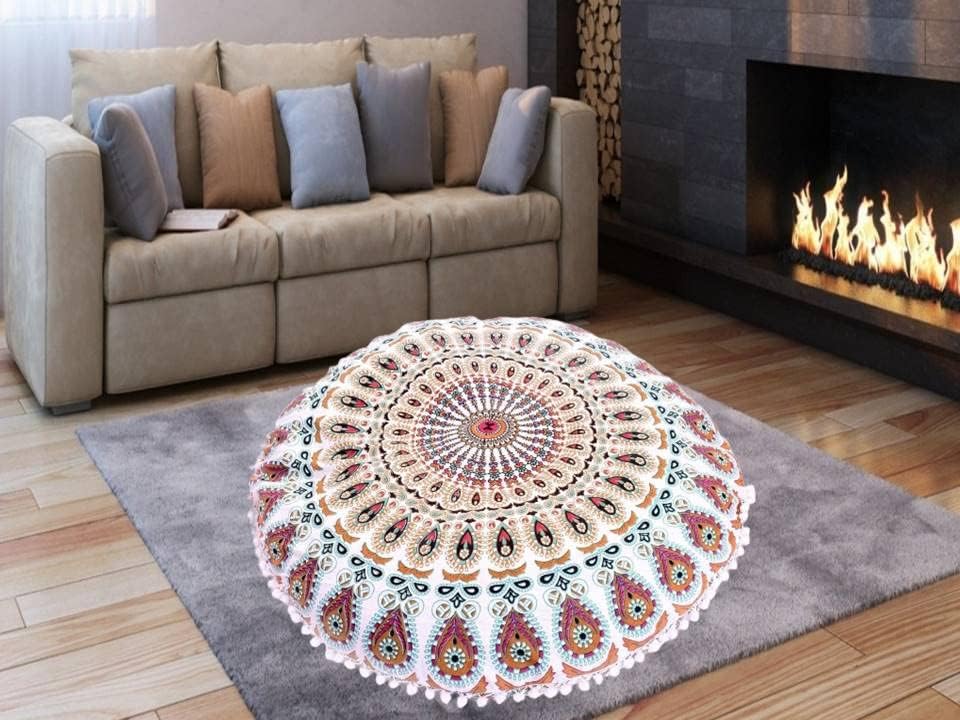 Funda bohemia para cojín, de 32 pulgadas, con diseño de mandala, para meditación, decorativa, otomana, grande, para exteriores, decoración del hogar, decoración de arte en el hogar, redonda, con pompones de algodón, cómoda