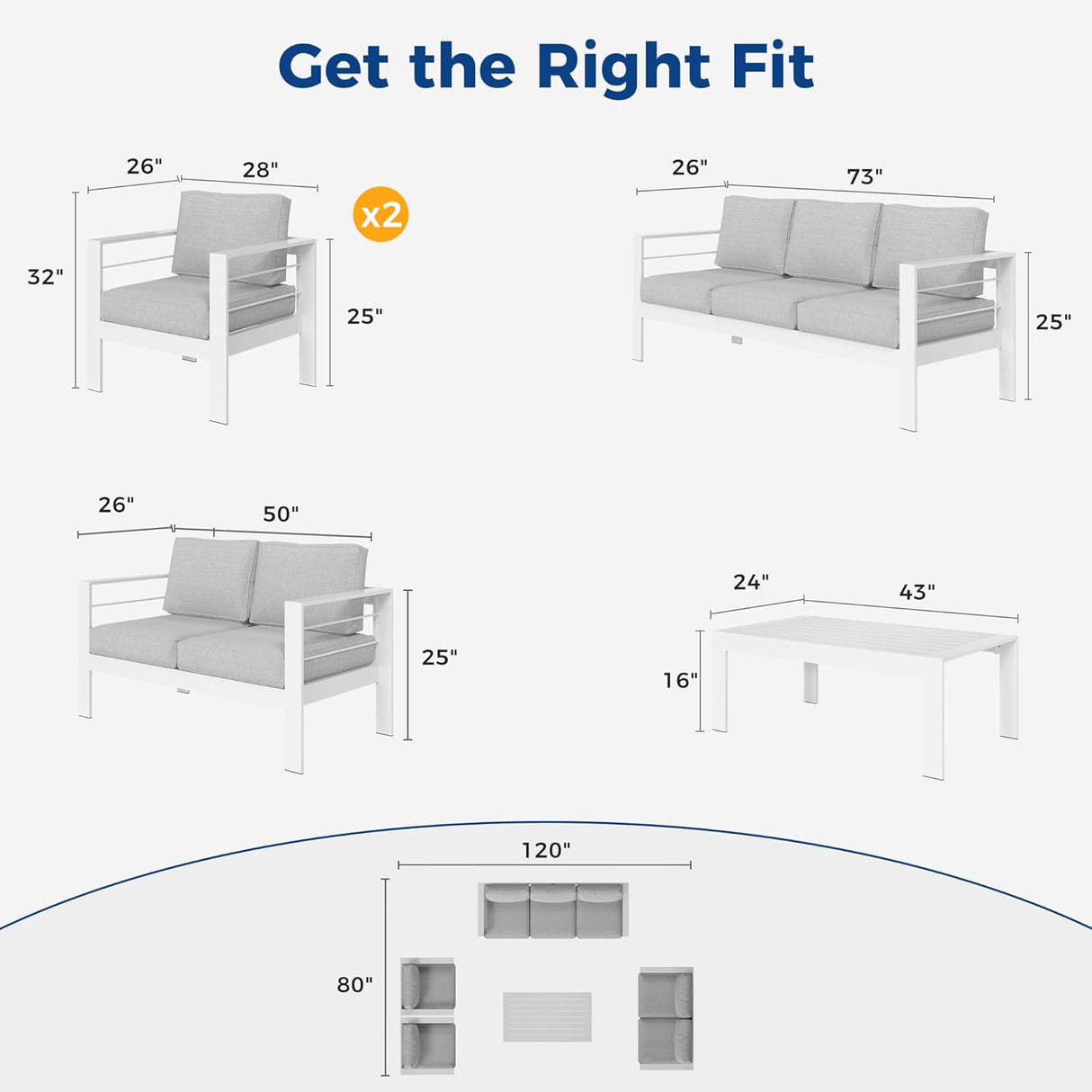 Wisteria Lane Juego de muebles de patio de aluminio para exteriores, modernos juegos de conversación de patio, sofá modular de metal para exteriores con cojín de 5 pulgadas y mesa de centro para balcón, jardín, gris claro