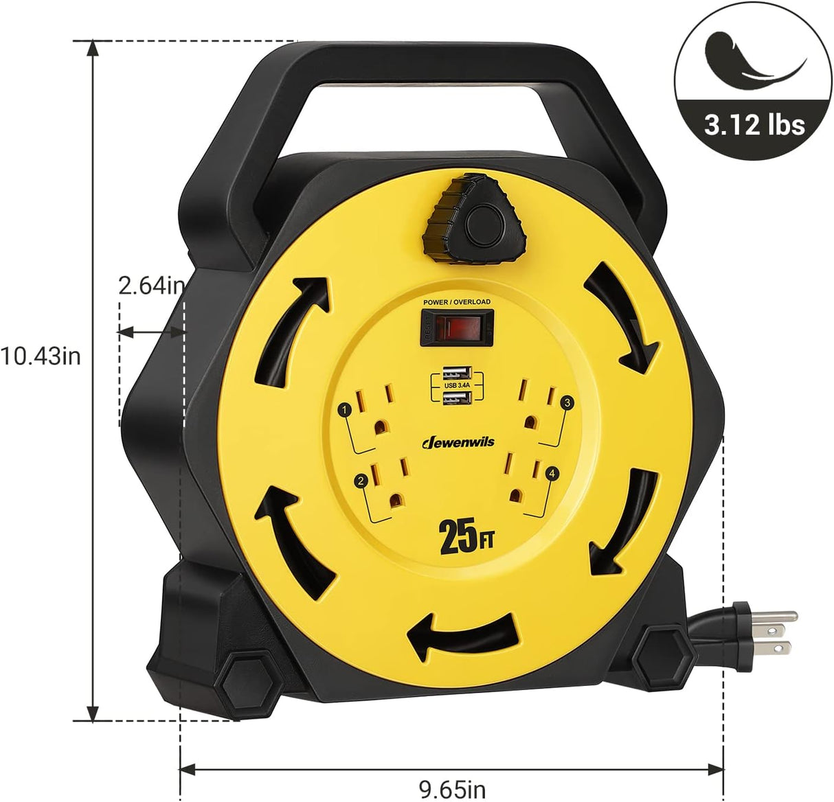 Enrollador de cable con 4 tomas de corriente, 2 puertos USB