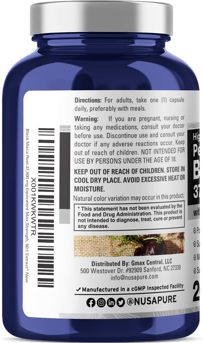 Raíz de Maca Negra 37,500 mg - 200 Cápsulas Vegetales Vegano