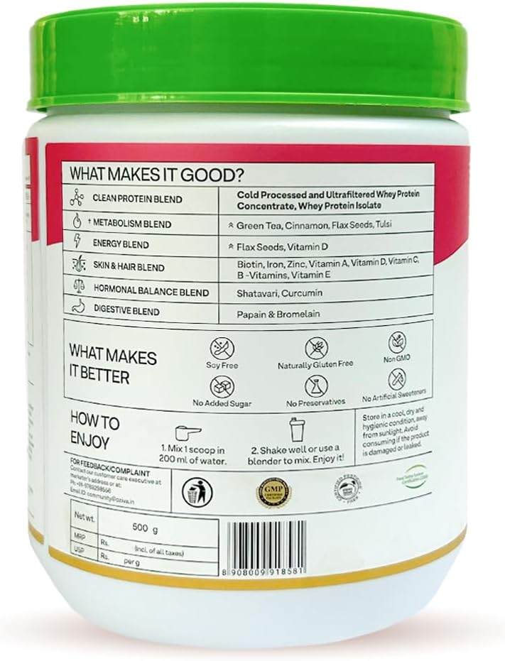 Proteína y hierbas para mujer | 1.1 libras (500 gm) con multivitaminas, curcumina, shatavari, tulsi para mejorar el metabolismo, equilibrio hormonal y la piel, salud del cabello, vainilla y almendra (1.1 libras)