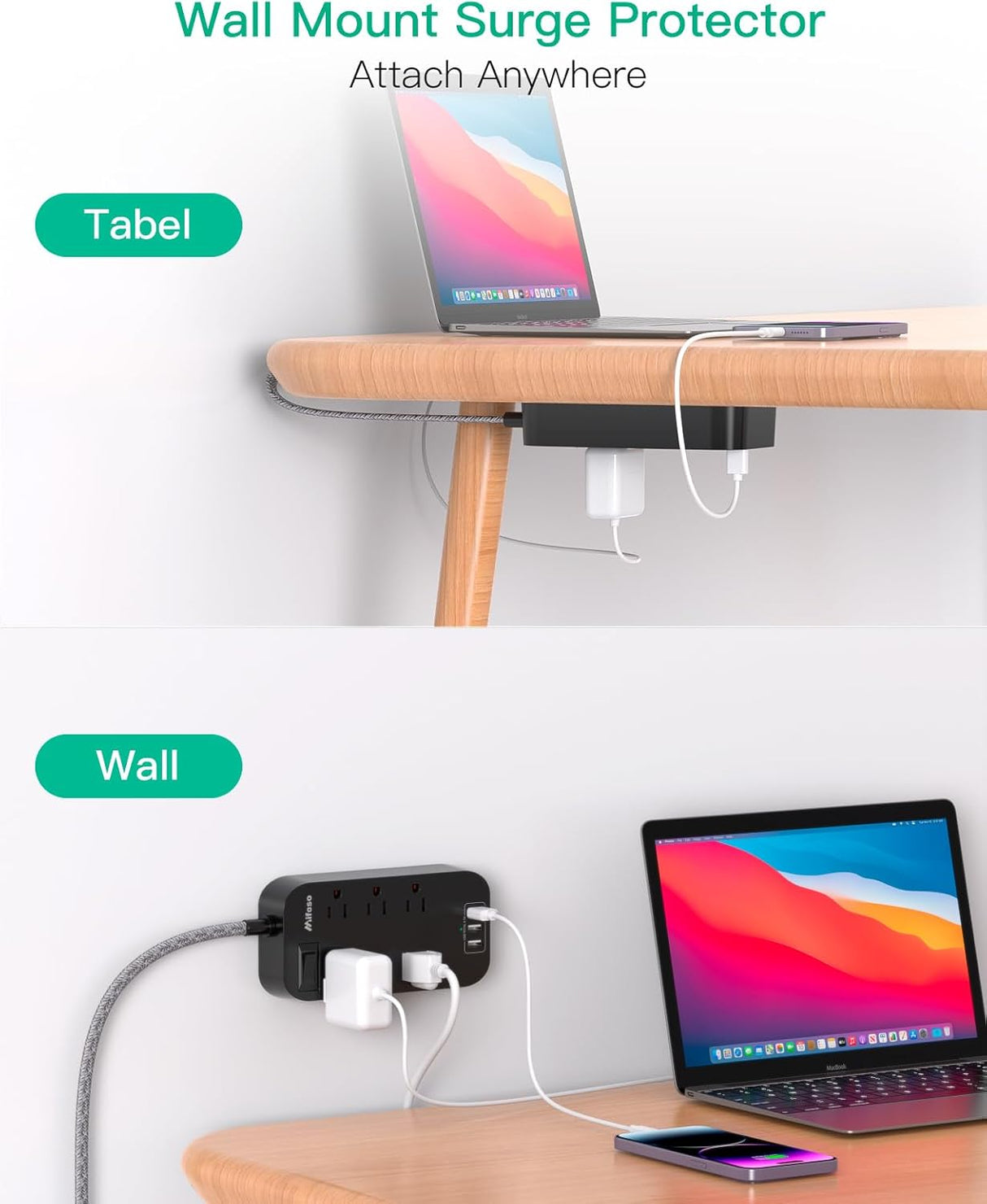 Regleta de alimentación – Cable de extensión de enchufe plano de 10 pies de largo, 6 tomacorrientes, 3 puertos USB, extensor de salida con protección contra sobrecarga, montaje en pared, estación de