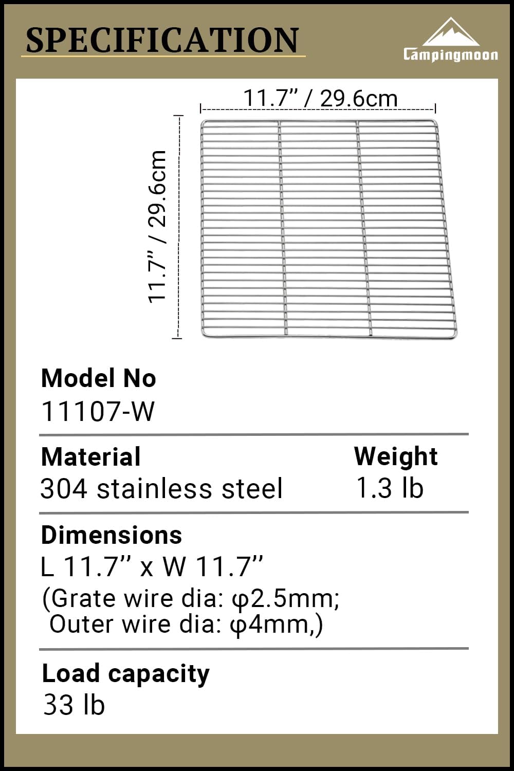 Parrilla de Cocina para Camping 11.7" Acero Inoxidable 11107-W