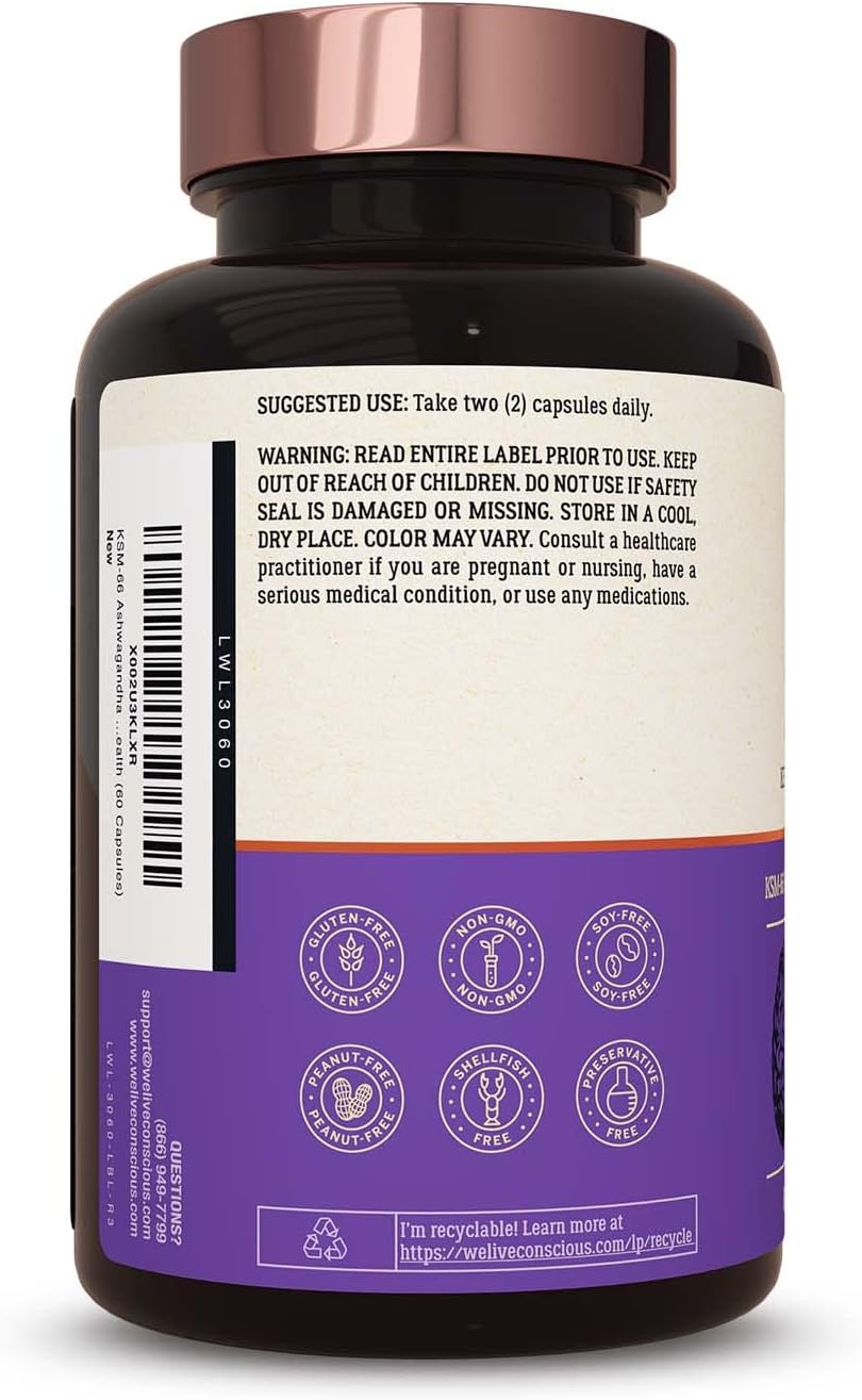 Suplemento KSM-66 Ashwagandha - Live Conscious, 60 cápsulas