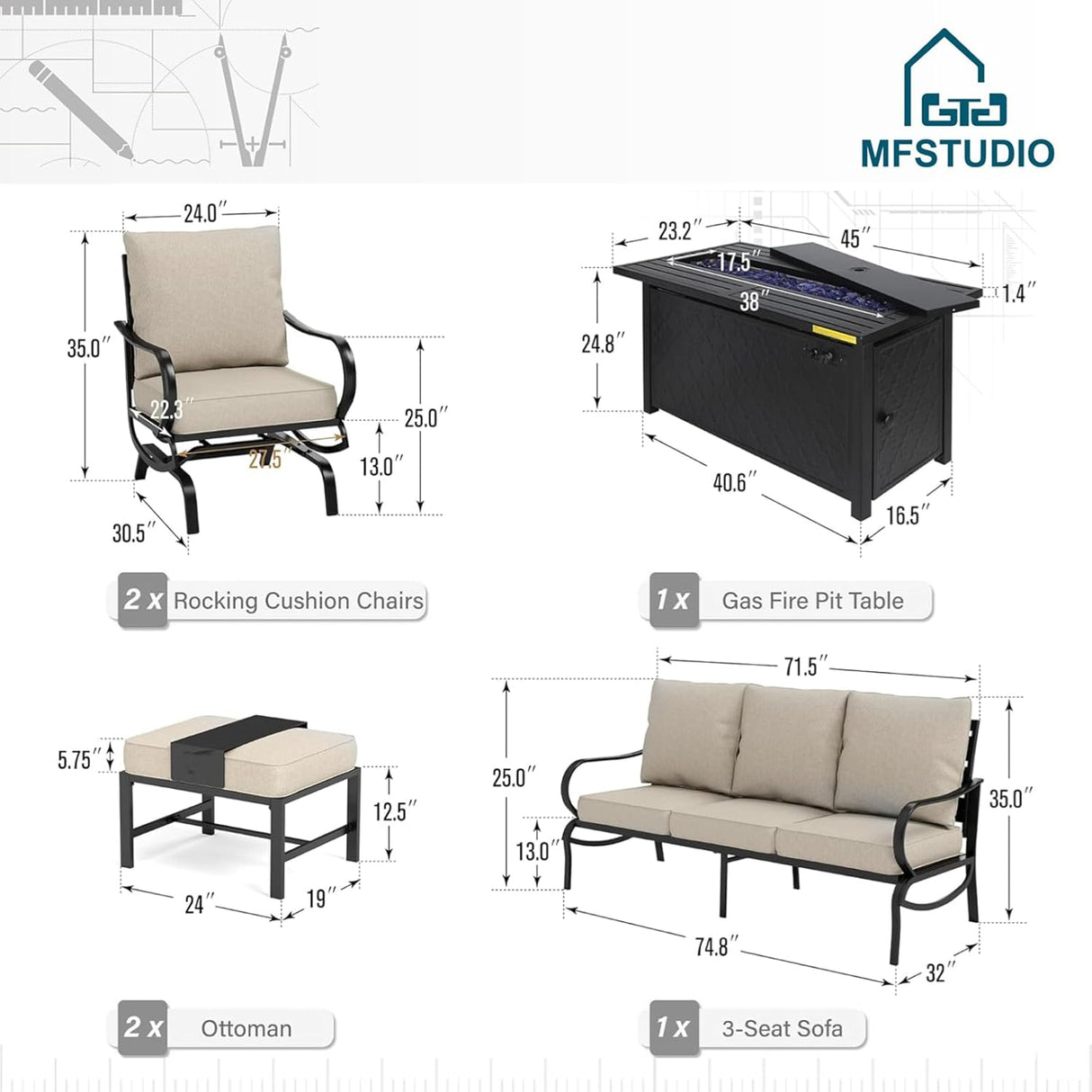 MFSTUDIO Juego de muebles de patio de 6 piezas con mesa de fogata de gas de 45 pulgadas (hasta 7 asientos), sofás de conversación de metal para exteriores con 1 sofá de 3 asientos, 2 sillas mecedoras y 2 otomanas