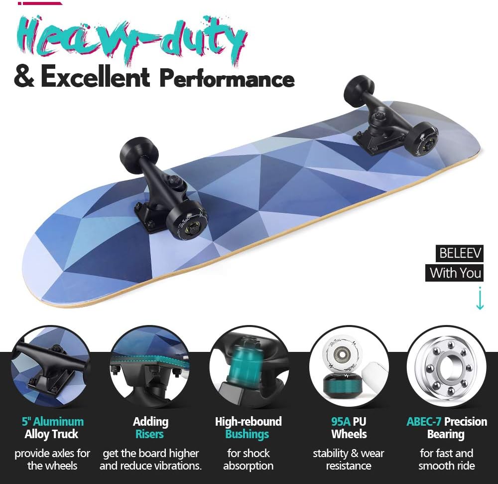 Patineta completa para principiantes, 31"x8", 7 capas, doble kick