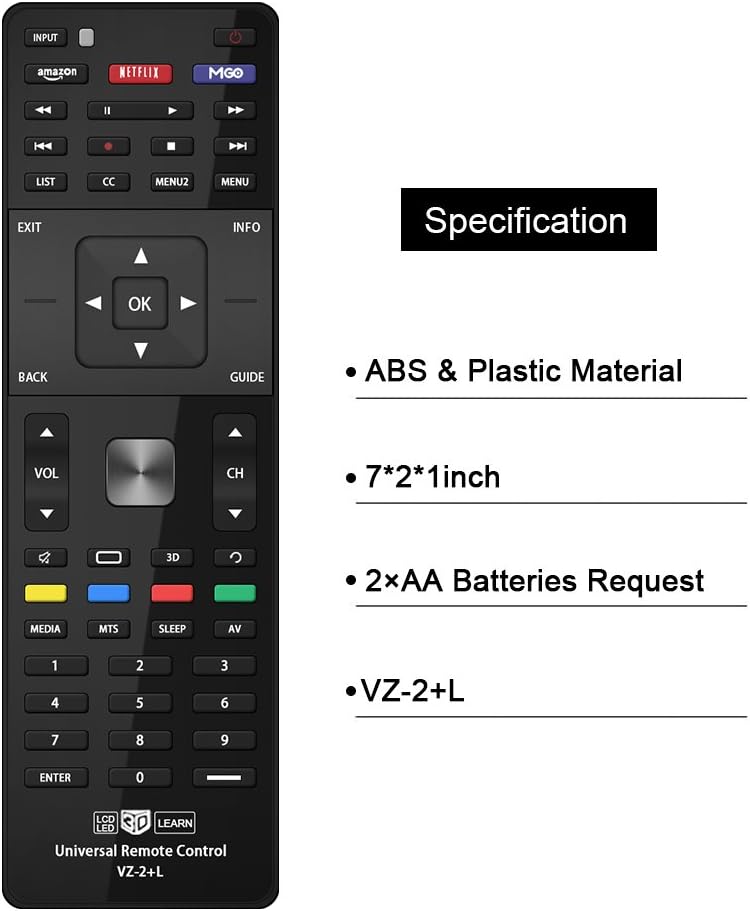 Control remoto universal Gvirtue para TV Vizio modelo VZ-2+L