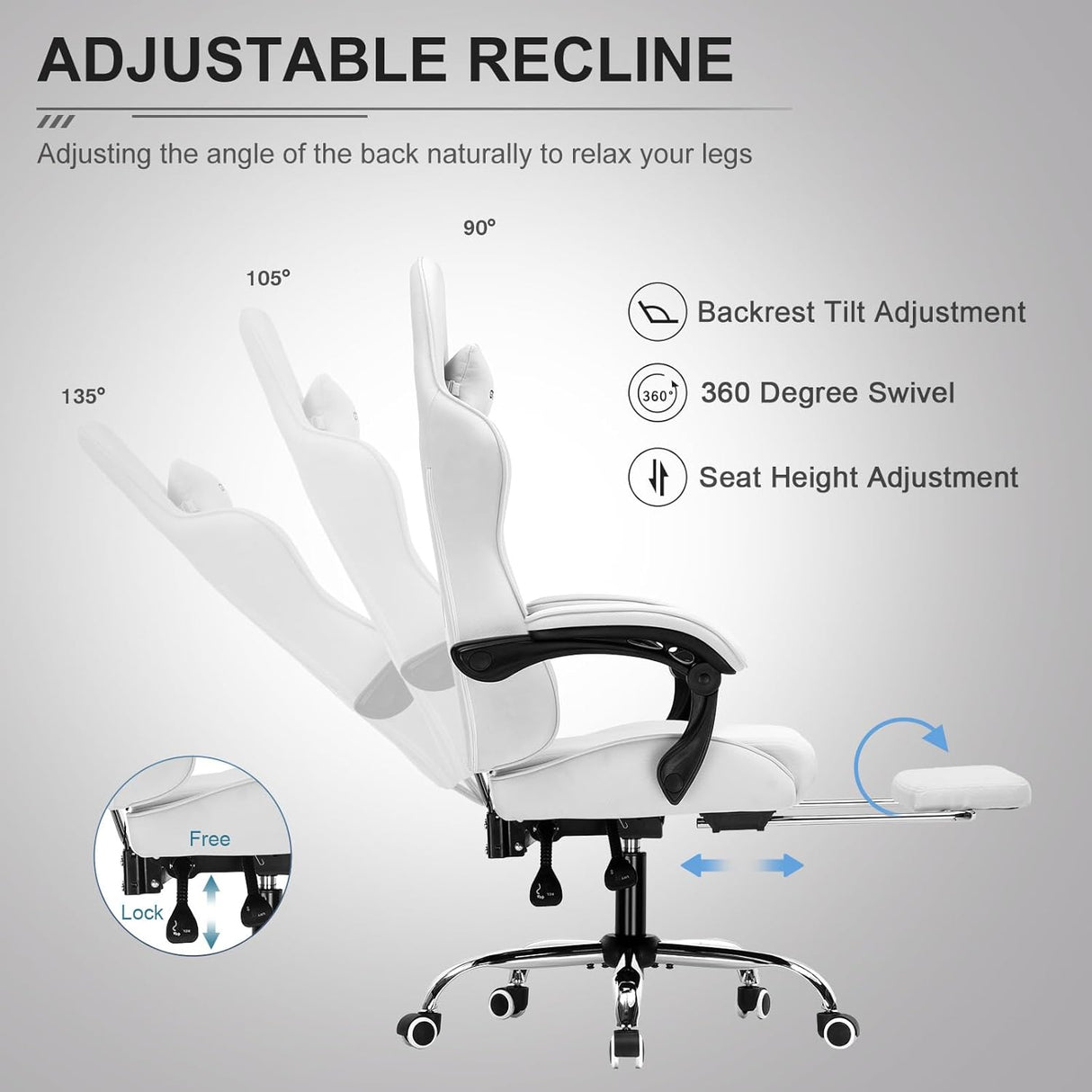 Silla Gamer con reposapiés y ajustable GT804F-WTGY GTPLAYER