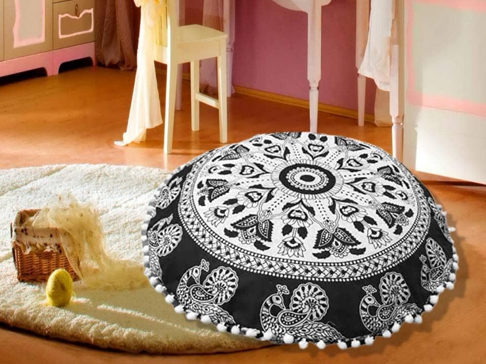 My Dream Carts Cojines redondos de 22 pulgadas para asiento de piso "Solo cubierta", fundas de cojín decorativas con mandala bohemio, funda de cojín para meditación, puf para yoga, hippie