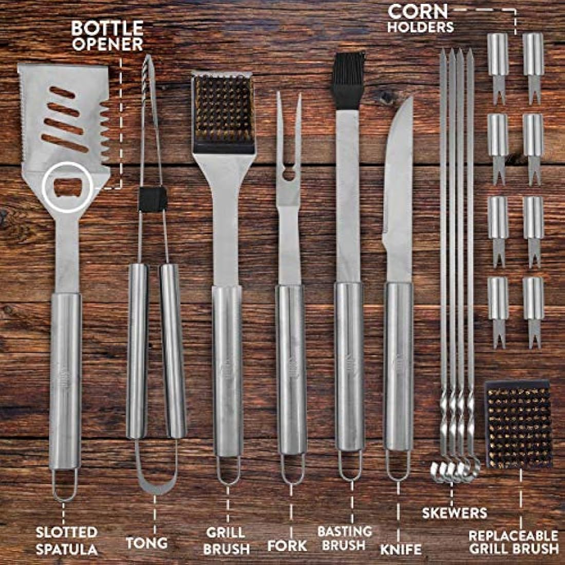 Juego de 21 piezas para parrilla acero inoxidable resistente