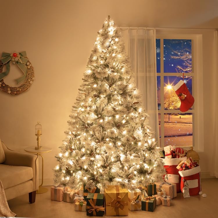 Árbol de Navidad nevado de 7.5ft con luces y piñas, modelo 1556