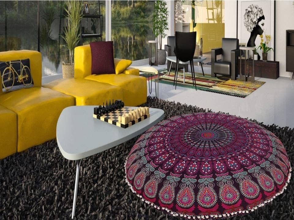 Funda bohemia para cojín, de 32 pulgadas, con diseño de mandala, para meditación, decorativa, otomana, grande, para exteriores, decoración del hogar, decoración de arte en el hogar, redonda, con pompones de algodón, cómoda
