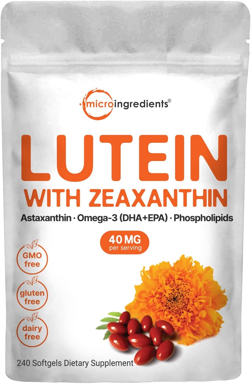 Micro Ingredients Cápsulas blandas de luteína y zeaxantina de 40 mg, 240 unidades, con astaxantina, omega-3 y fosfolípidos, vitaminas para la salud de los ojos y la visión, probadas por terceros, sin OMG, sin gluten
