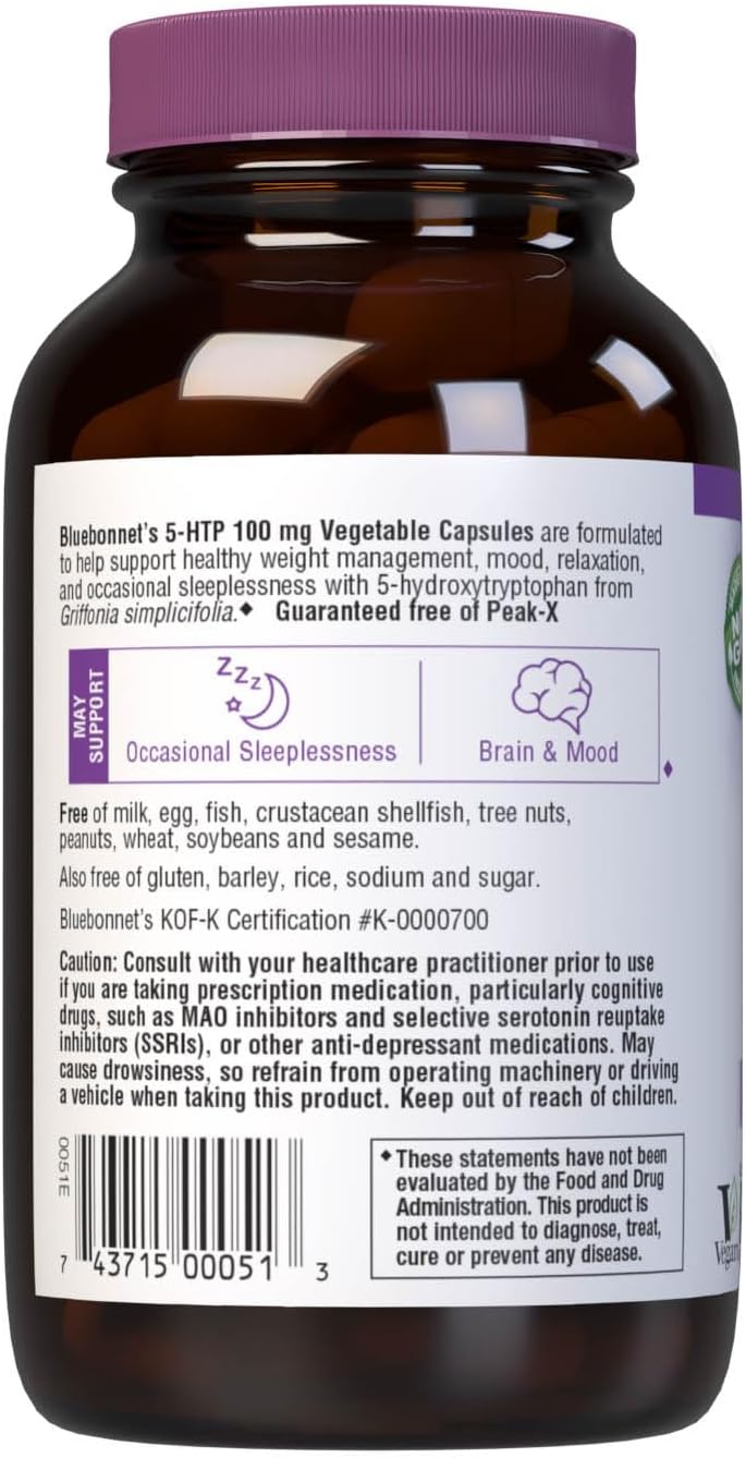 Suplemento 5-HTP Bluebonnet, 100mg, 60 Cápsulas Veganas