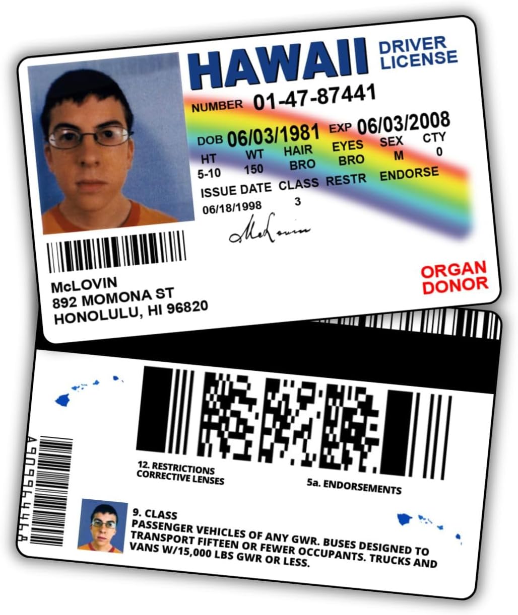 Licencia de Conducir Falsa McLovin Doble Cara para Disfraces
